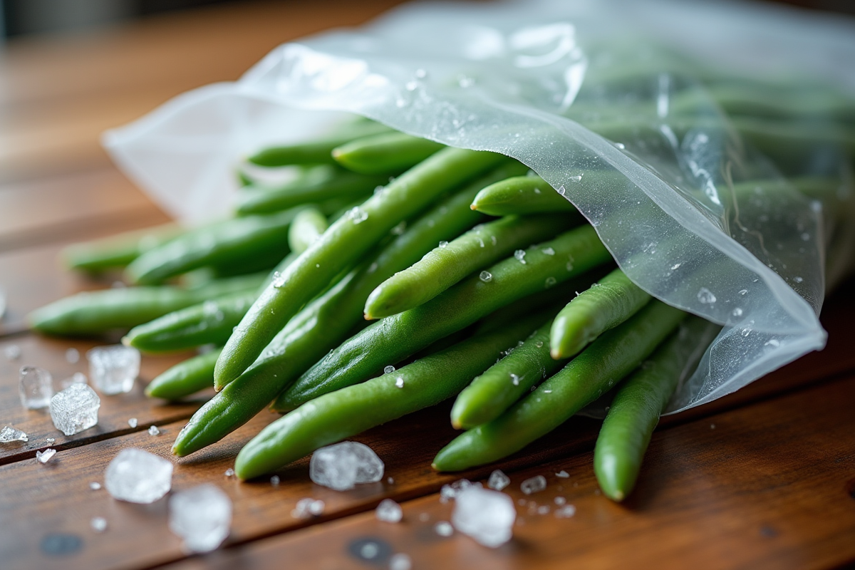 Haricots verts congelés dans un sac sur une table en bois