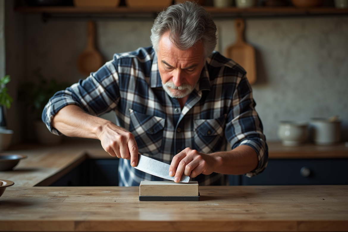Homme affutant un couteau de cuisine dans une ambiance chaleureuse