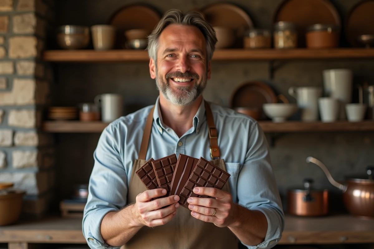 Homme tenant des barres de chocolat dans une cuisine rustique