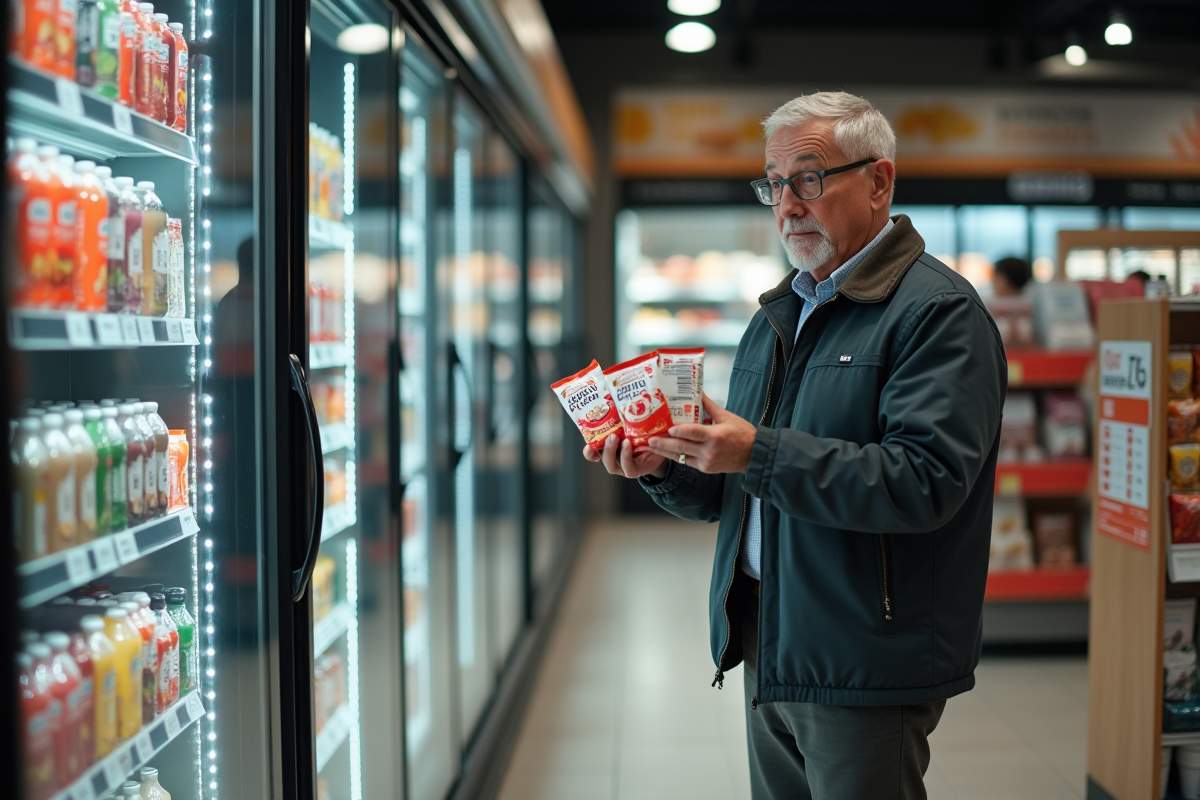 Homme examinant des emballages de boissons zéro calorie dans le rayon