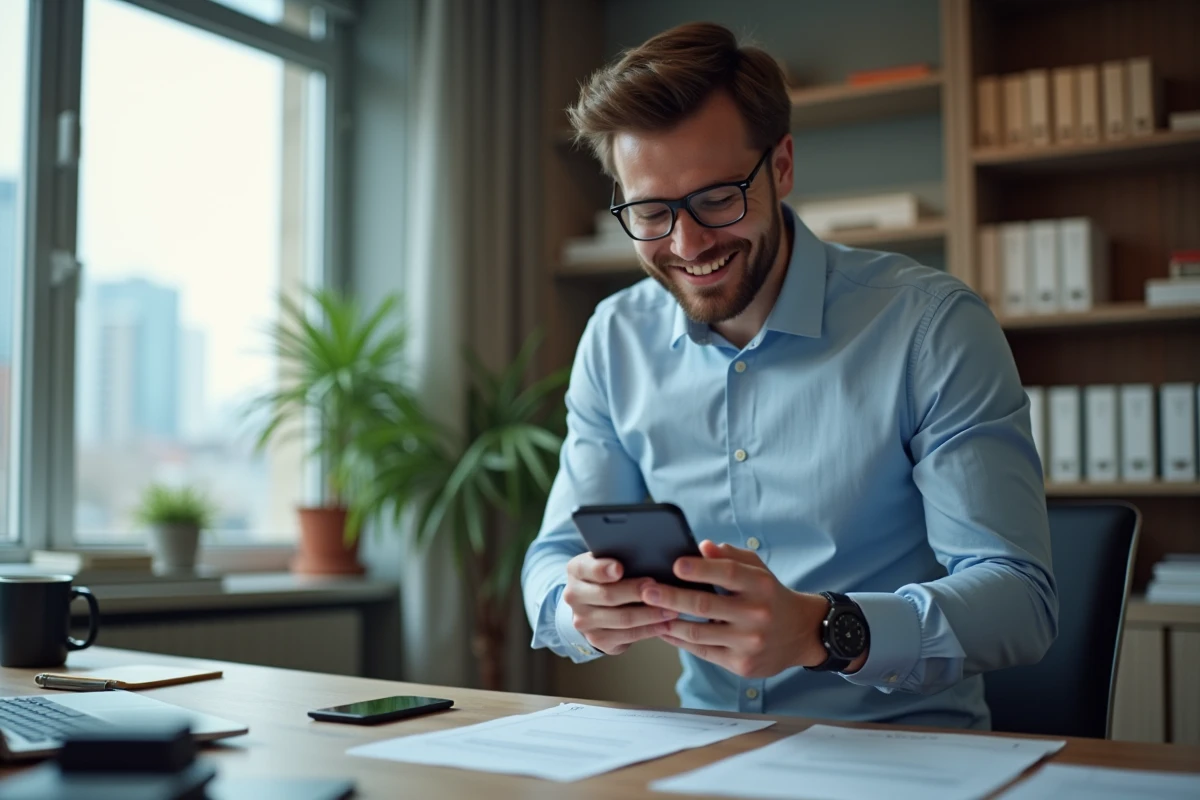 Jeune homme professionnel utilise son smartphone pour convertir des chiffres