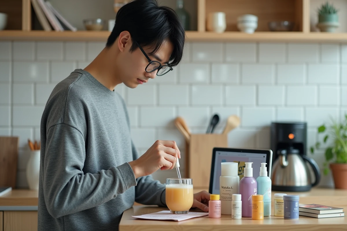 Homme coréen versant du soju dans une cuisine moderne