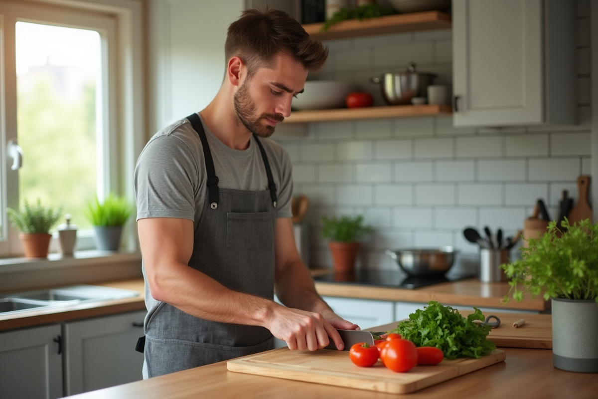 Homme coupant des légumes sur une planche en cuisine