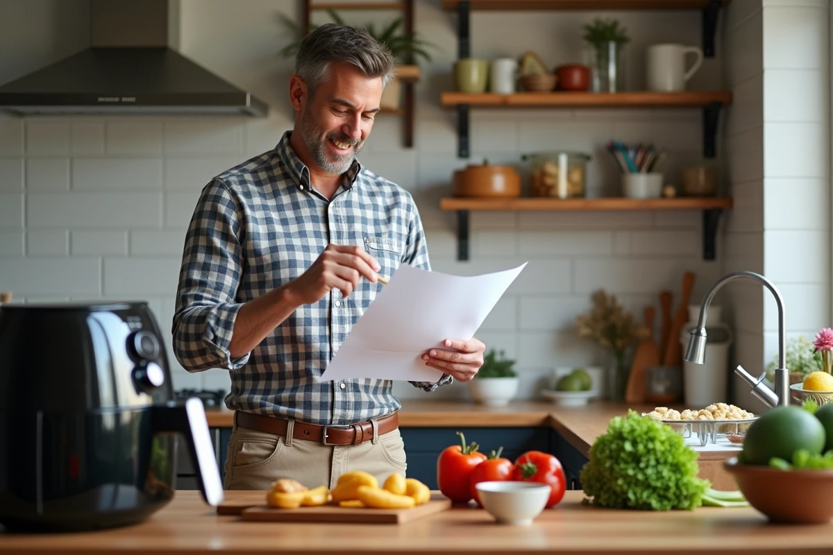 Homme vérifiant une recette imprimée avec ingrédients en cuisine