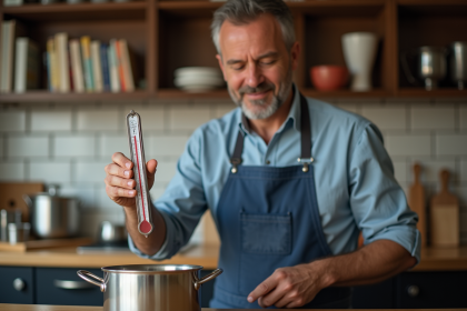 Homme en tablier bleu vérifiant un thermometre de cuisson