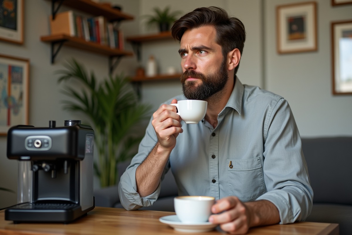 Homme dégustant un espresso dans un salon chaleureux