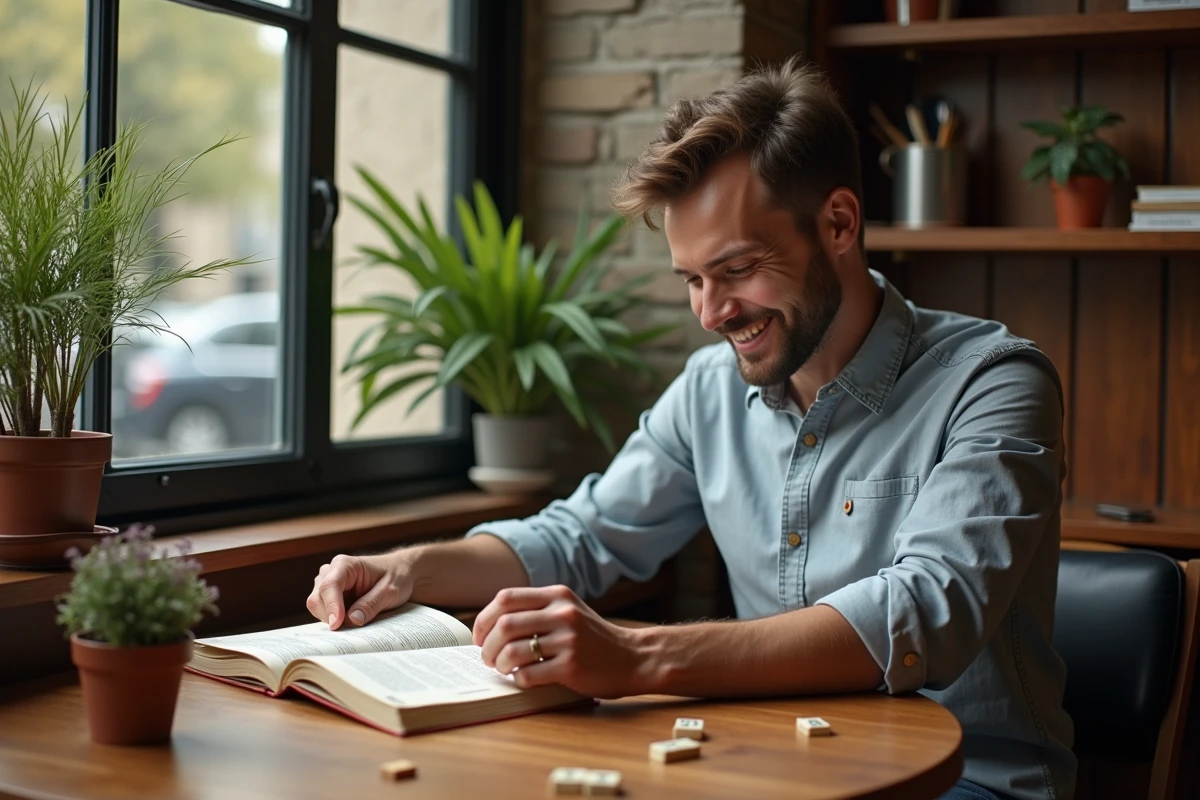 Homme lisant un dictionnaire dans un café parisien