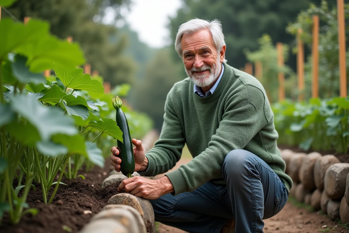 Homme âgé dans le jardin récoltant un zucchini