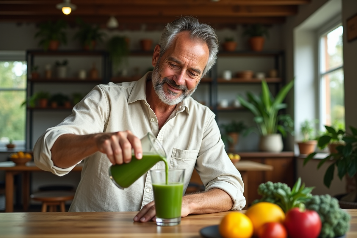 Homme versant un jus vert dans une salle à manger lumineuse