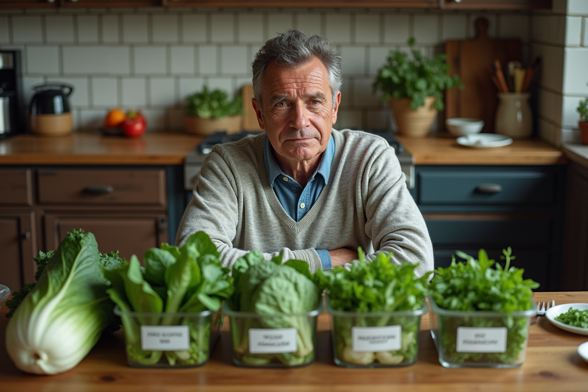 Homme examinant des légumes verts sur la table rustique