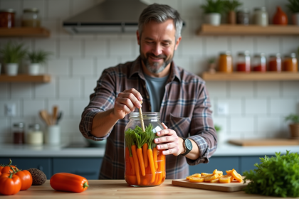 Homme en jeans et chemise à carreaux remuant un bocal de légumes fermentés