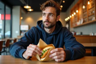 Homme en hoodie mangeant un sandwich au poulet dans un restaurant
