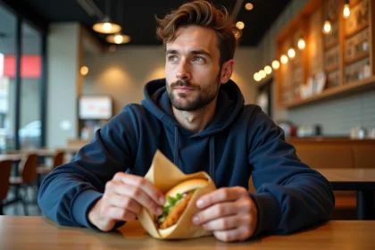 Homme en hoodie mangeant un sandwich au poulet dans un restaurant