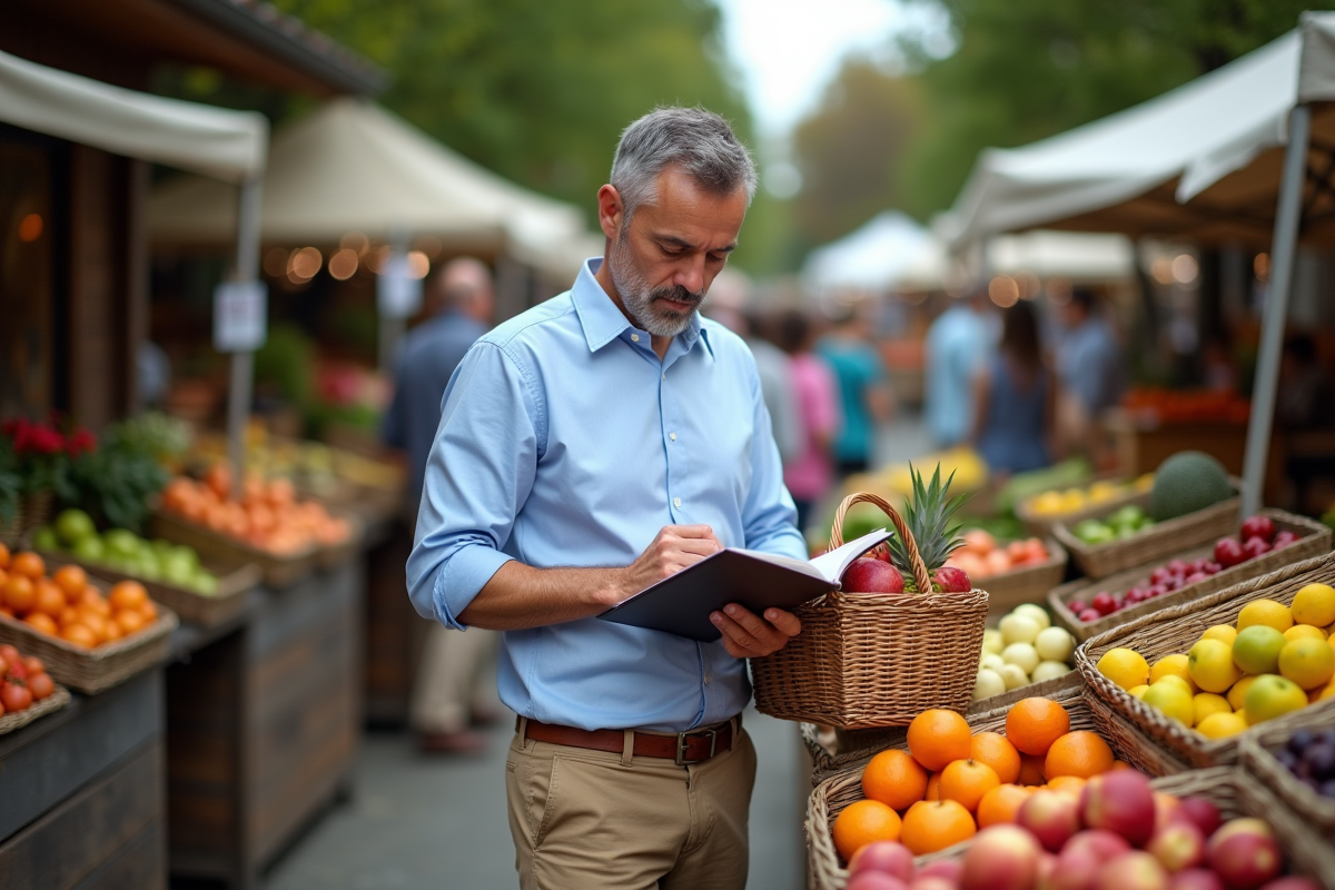 Homme au marché avec panier de fruits frais et recette