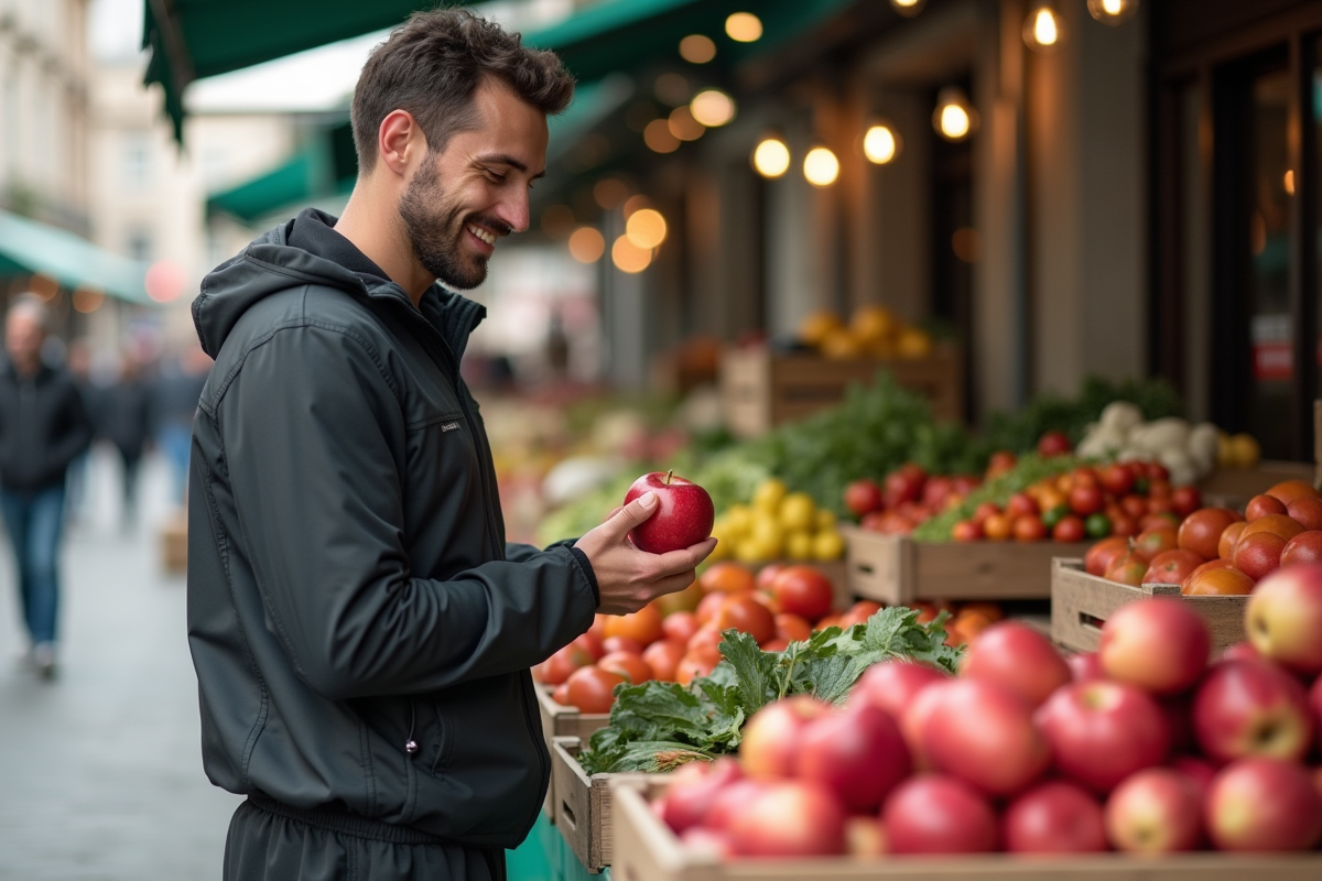 Homme examinant une pomme dans un marché en plein air