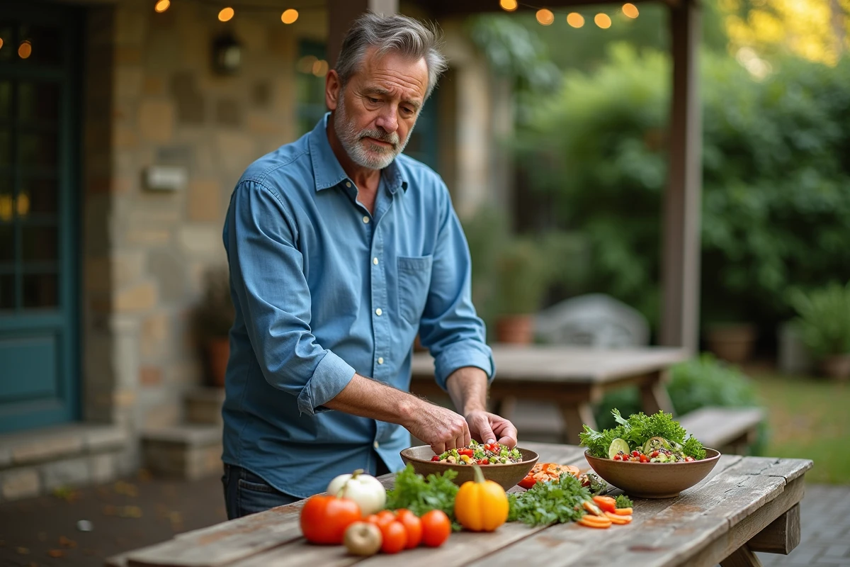 Homme en extérieur prépare une salade de chia dans un jardin