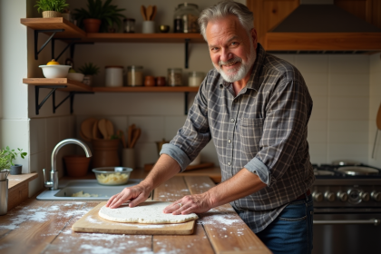 Homme d'âge moyen étalant la pâte à pizza dans la cuisine