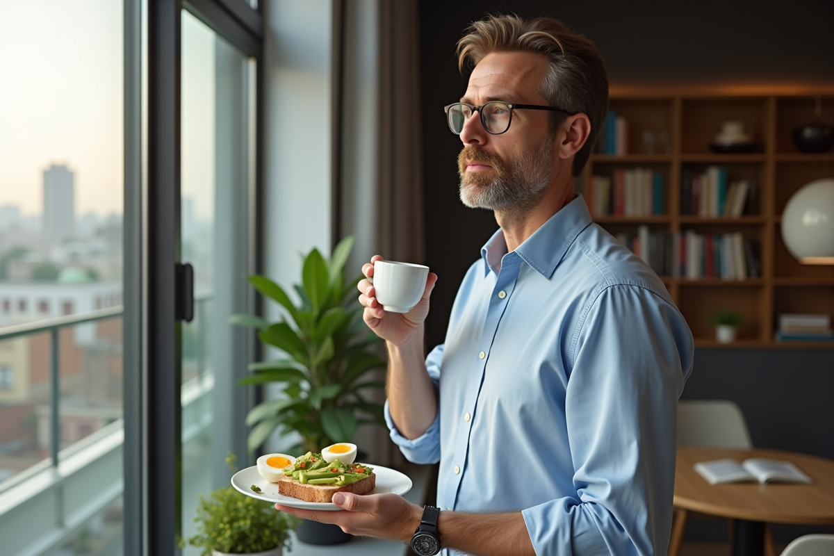 Homme d age moyen avec toast avocat dans un appartement urbain