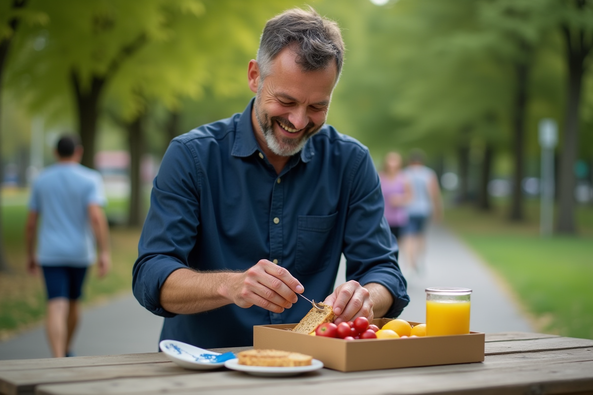 Homme préparant un déjeuner équilibré en plein air