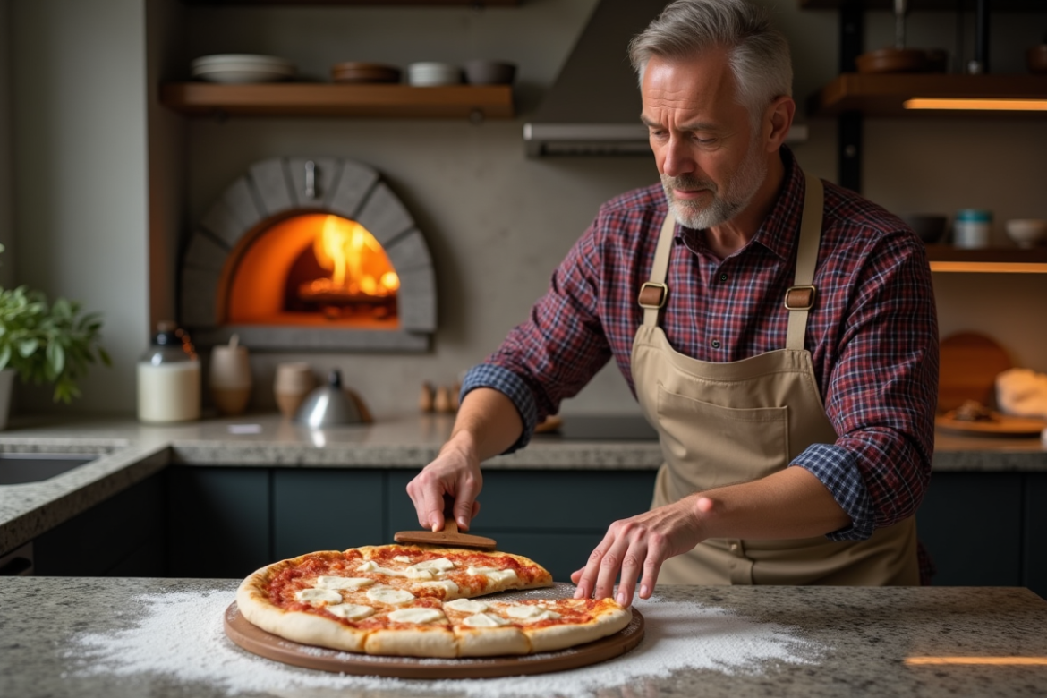 Homme frustré tentant de soulever une pâte collante de pizza