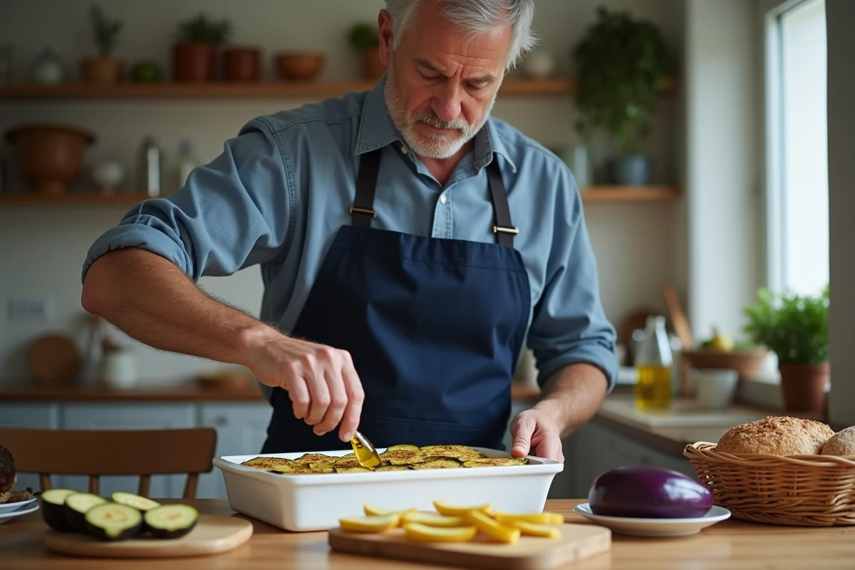 Homme versant de l huile sur des aubergines dans un plat