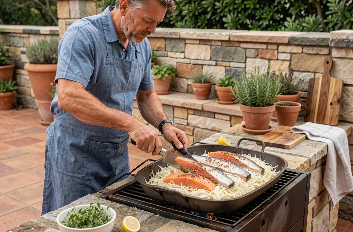 Homme en tablier disposant des filets de poisson sur une choucroute dans un panier de barbecue sur une terrasse en été