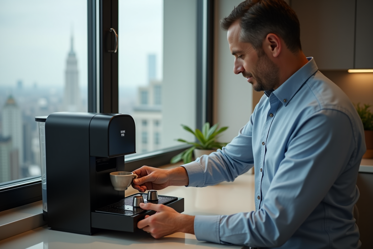 Homme choisissant capsules de café dans un bureau