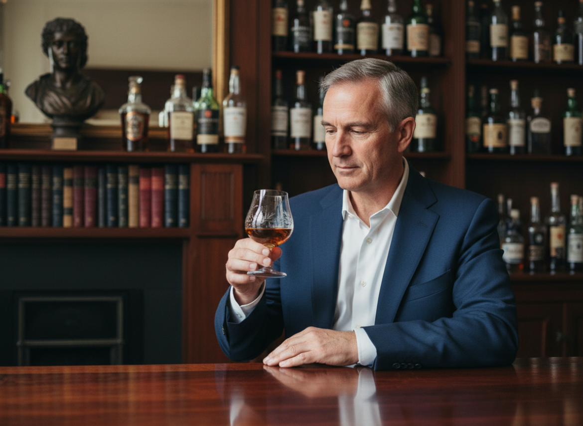 Homme d'âge moyen dégustant un vieux rhum dans un bar élégant