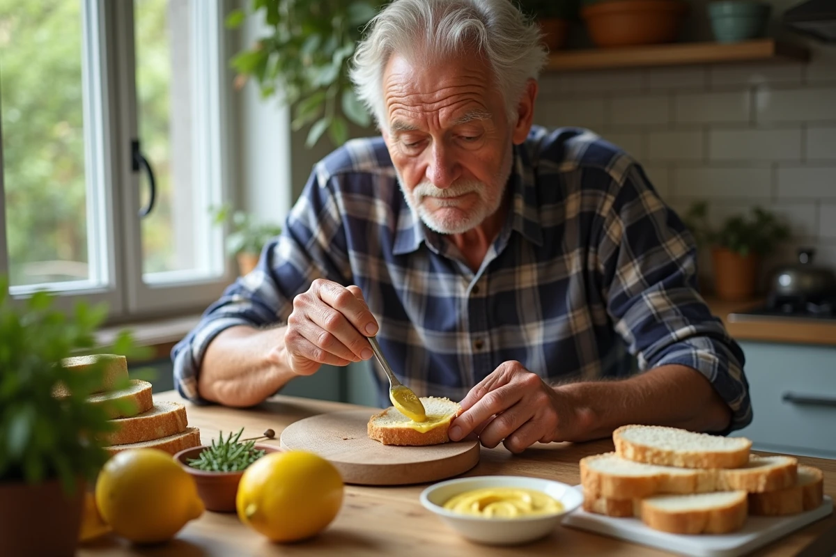 Homme âgé étalant mayonnaise sur une baguette fraîche