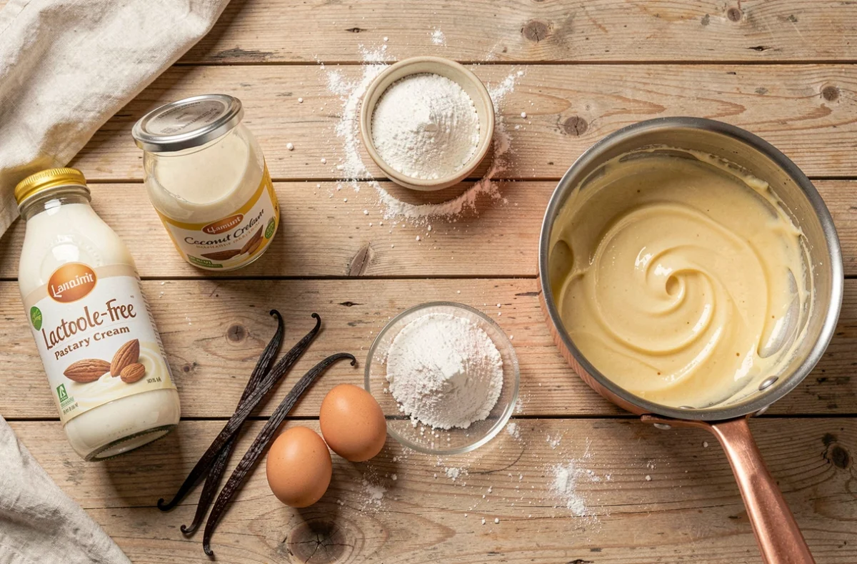 Ingrédients pour crème pâtissière sans lactose : lait d'amande, crème de coco, œufs et vanille sur table en bois rustique