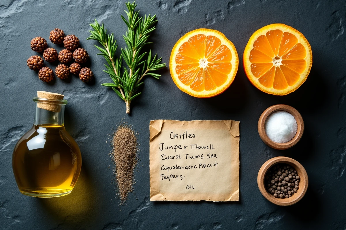 Ingrédients pour marinade de chevreuil disposés en flat lay sur ardoise : baies de genièvre, thym frais, orange, sel et poivre