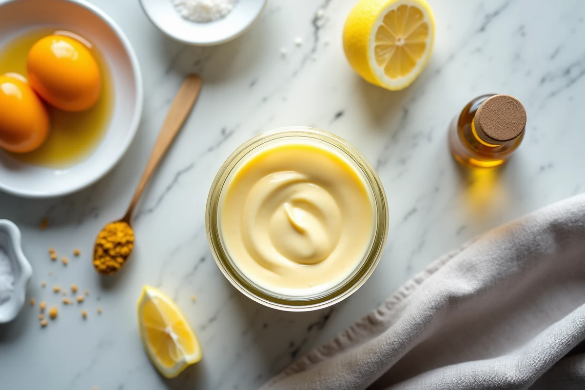 Vue aérienne des ingrédients pour réussir une mayonnaise maison : jaunes d'œufs, moutarde, citron, huile et sel sur marbre