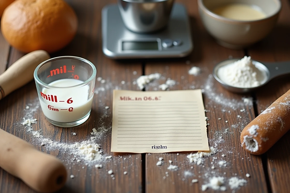 Vue aérienne d'ingrédients de pâtisserie avec un verre doseur de 6cl, une balance numérique et une fiche de conversion centilitres-grammes sur table en bois