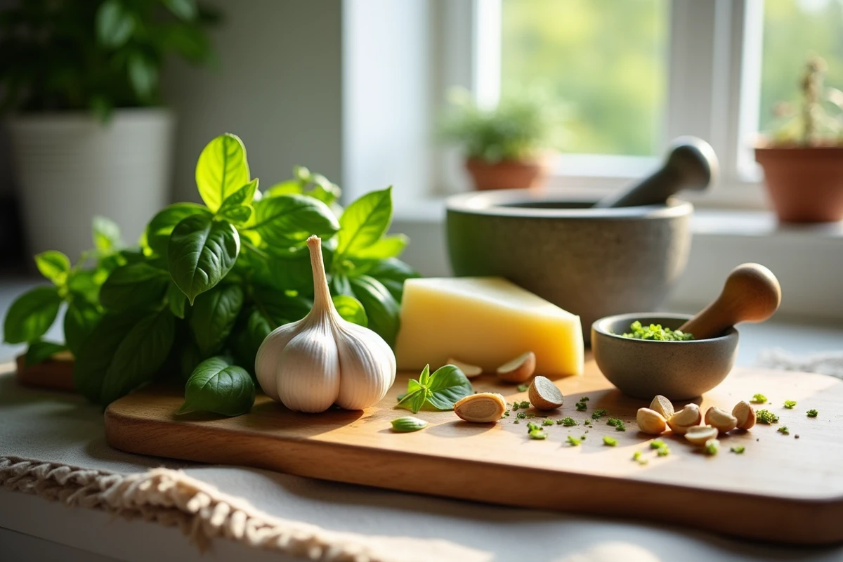 Ingrédients frais pour le pistou maison disposés sur une planche en bois : basilic, ail, parmesan et pignons de pin avec un mortier en pierre