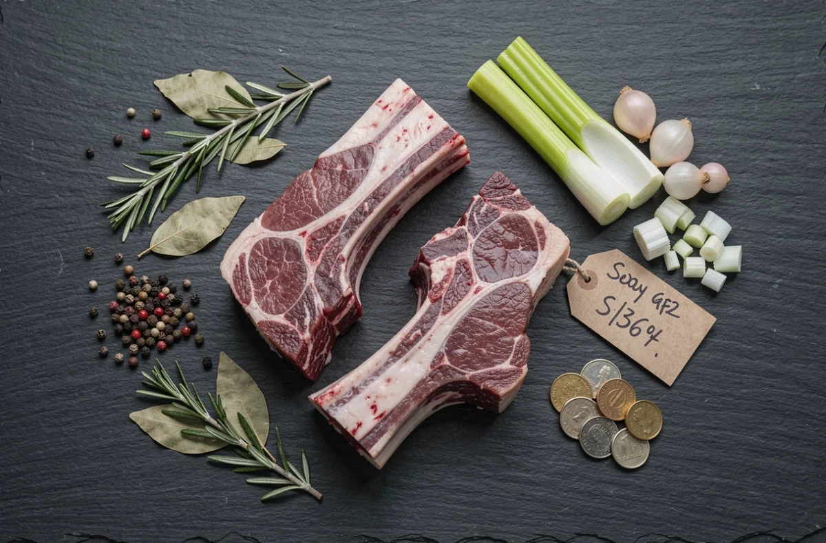 Vue aérienne des ingrédients d'un ragoût d'agneau économique sur ardoise : morceaux moins nobles, légumes et épices