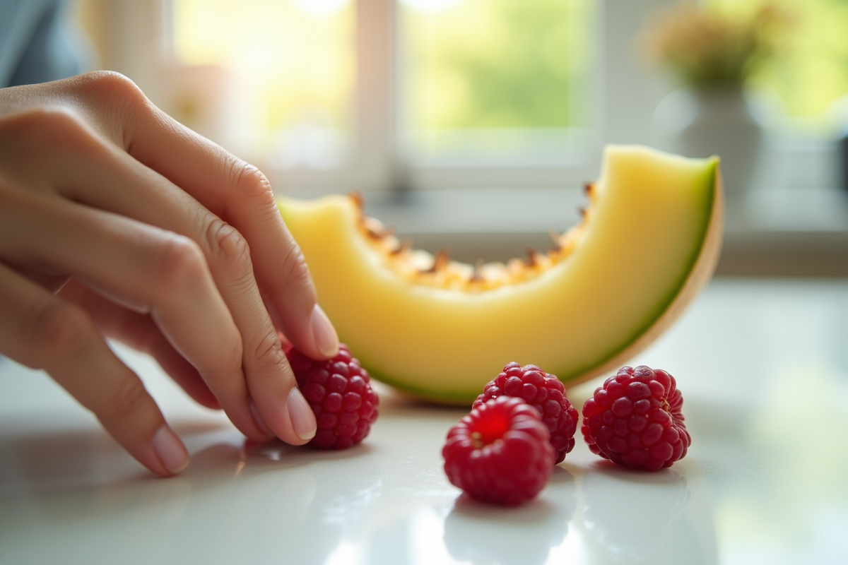 Mains inspectant des fruits Huckleberry et melon miel coupé
