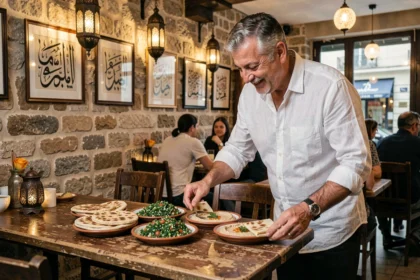 Intérieur chaleureux du restaurant libanais Le Cèdre rue Mouffetard à Paris avec mezze servis sur tables en bois