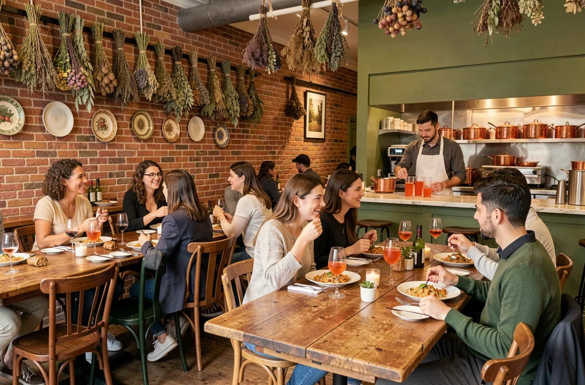 Intérieur chaleureux et animé du restaurant Ober Mamma Paris avec décoration italienne authentique