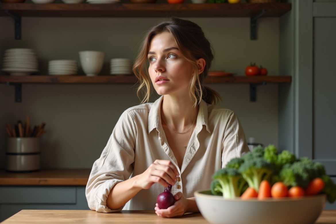 Jeune femme tenant une betterave dans une cuisine rustique