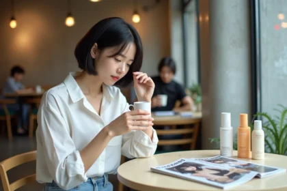 Jeune femme française sirotant du soju dans un café cosy