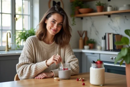 Jeune femme souriante prépare un pudding chia dans une cuisine lumineuse