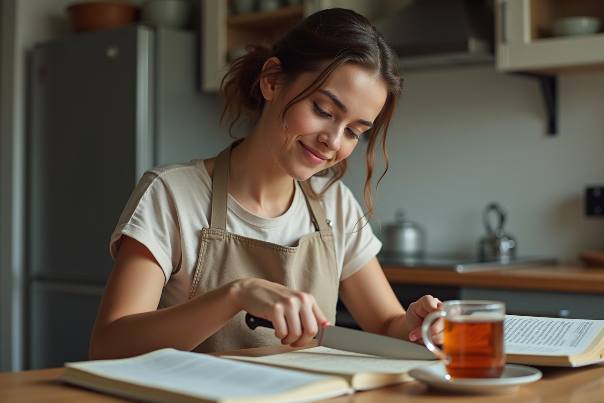 Jeune femme souriante examinant un couteau dans une cuisine cosy