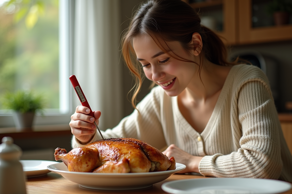 Femme observant un thermometre dans un poulet rôti