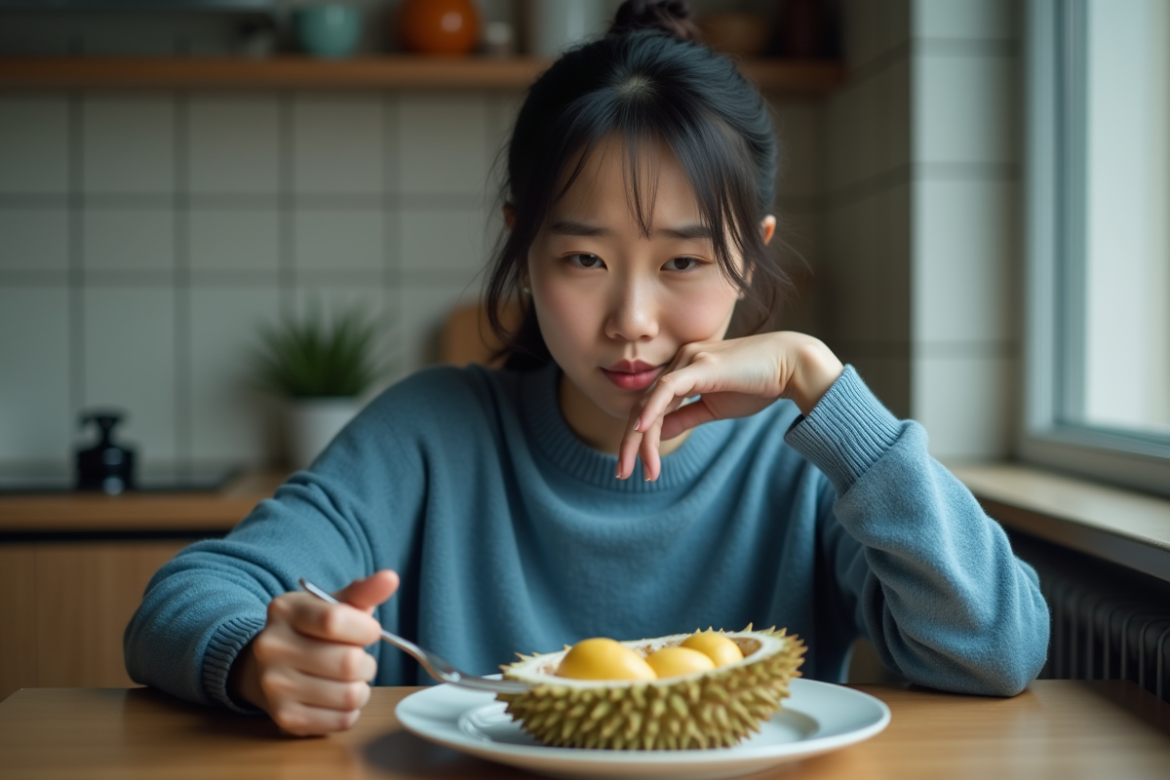 Jeune femme en cuisine face à un durian avec expression de dégoût
