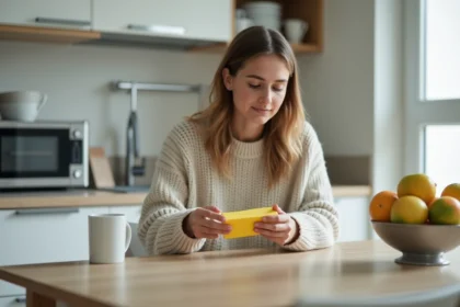 Jeune femme étudie un gâteau industriel faible en calories