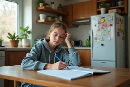 Jeune fille en hoodie étudie un tableau de conversion en cuisine
