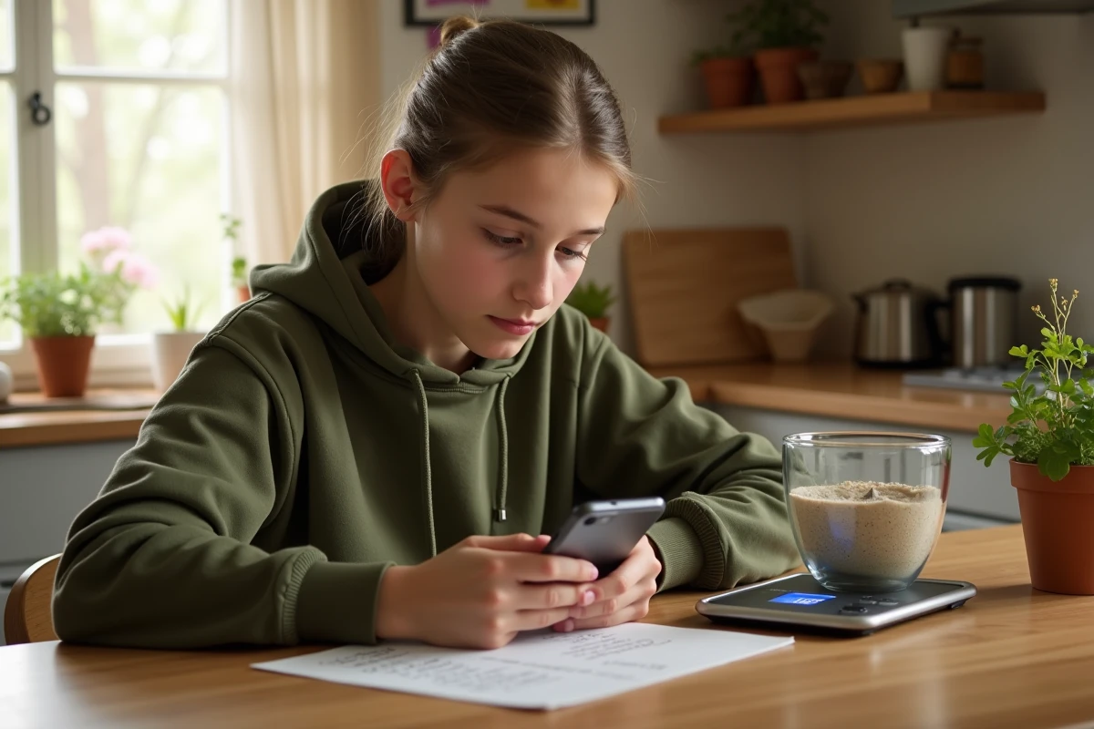 Jeune fille consultant une recette et son téléphone pour convertir des centilitres en grammes à la maison