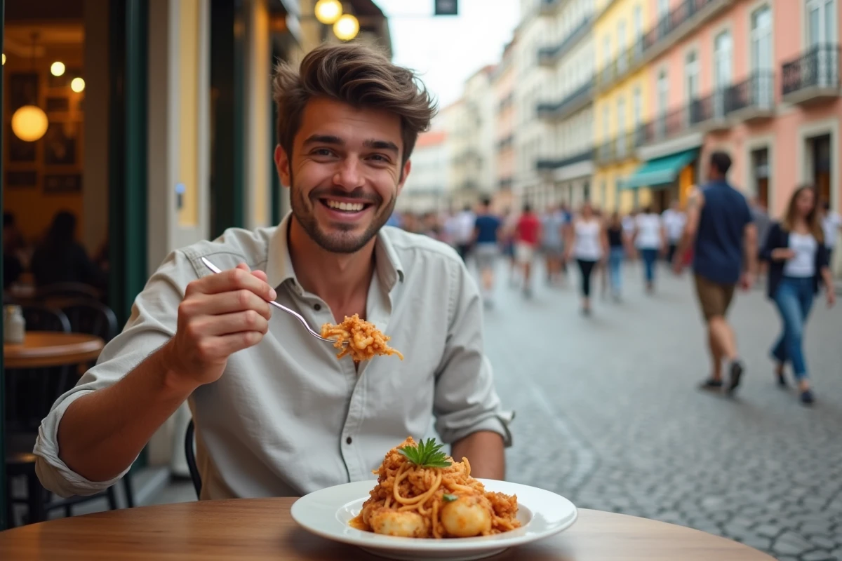 Jeune homme portugais dégustant bacalhau à brás en extérieur