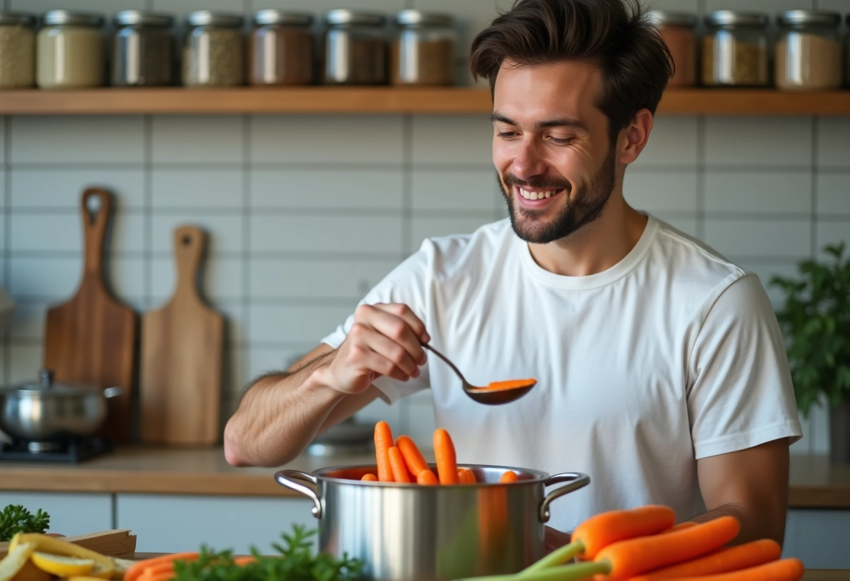Jeune homme cuisine carottes dans une cuisine moderne