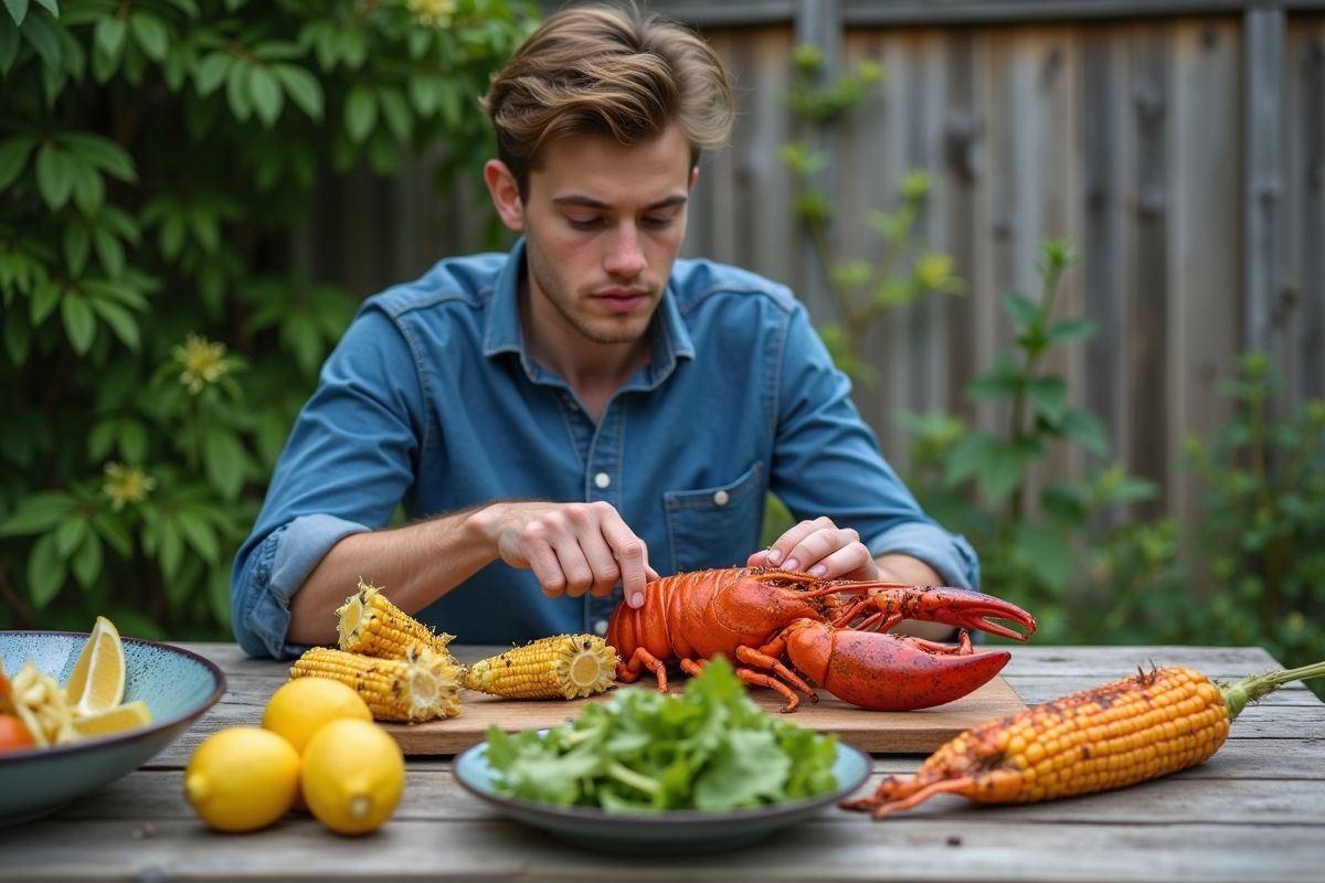 Jeune homme choisissant un accompagnement au repas en plein air